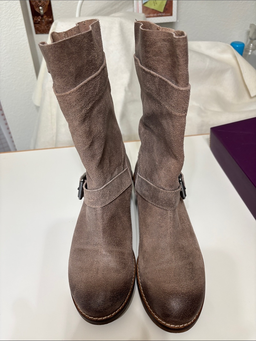 Fergie Taupe Suede Lace-Up Mid-Calf Boots